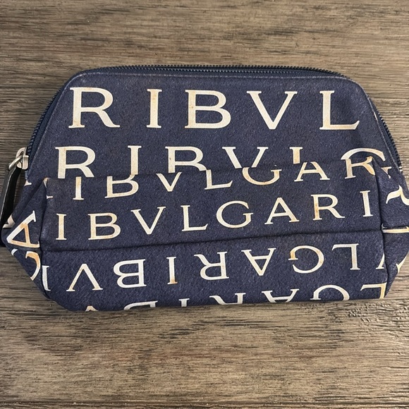 [BLVGARI] Signature Logo Navy & White Cosmetic Full-Zip Travel Toiletry Bag - Picture 7 of 11